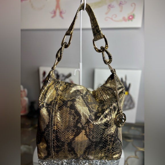 Michael Kors Handbags - Michael Kors metallic gold snakeskin hobo shoulder bag EUC